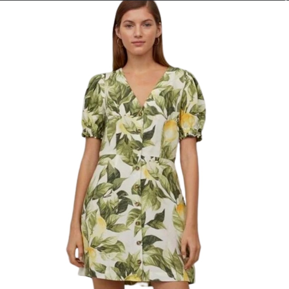 Linen Blend XS Lemon Print Puff Sleeve H&M Spring Summer Button Down Dress